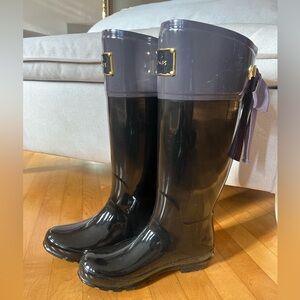 Joules Evedon Rain Boots Women's US 8 Black Tall Rubber Purple Bow-NEVER WORN!